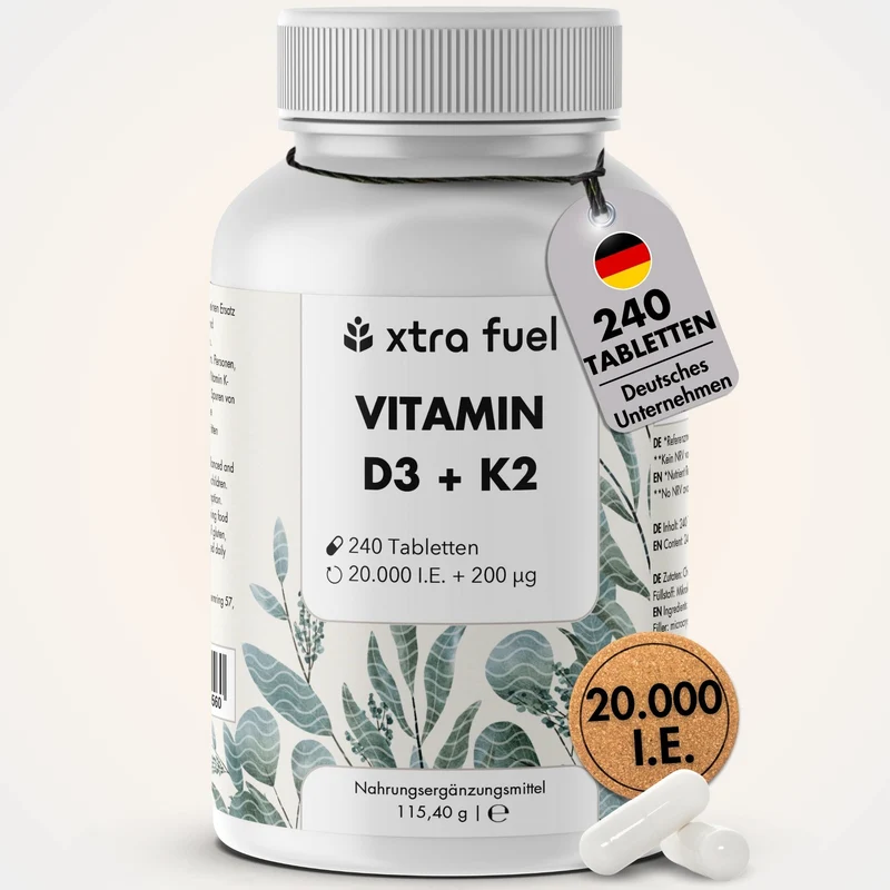 Vitamin D3/K2 Tabletten MK7 all-trans - 20.000 I.E. + 200 μg - 240 Tabletten pro Dose