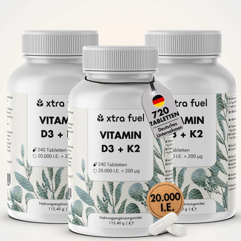 Vitamin D3/K2 Tabletten MK7 all-trans - 20.000 I.E. + 200 μg - 240 Tabletten pro Dose