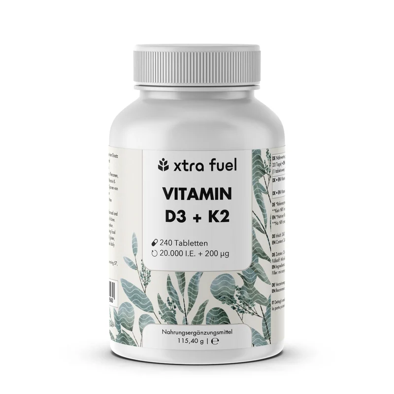 Vitamin D3 + K2 Tabletten - 20.000 I.E. + 200mcg - 100% rein & hochdosiert