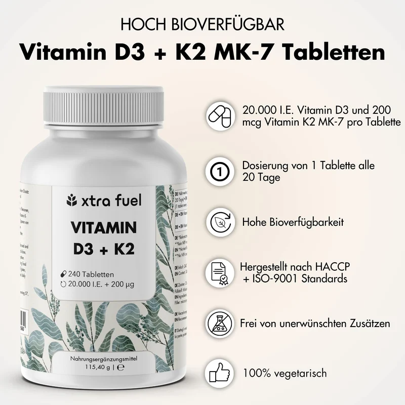Vitamin D3 + K2 Tabletten - 20.000 I.E. + 200mcg - 100% rein & hochdosiert