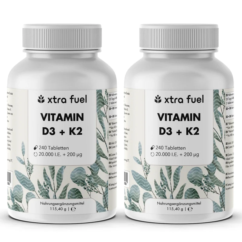 Vitamin D3 + K2 Tabletten - 20.000 I.E. + 200mcg - 100% rein & hochdosiert