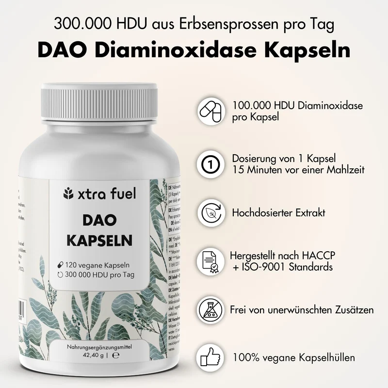 DAO Enzym Kapseln - Vegane Diaminoxidase aus Erbsensprossen - 300.000 HDU