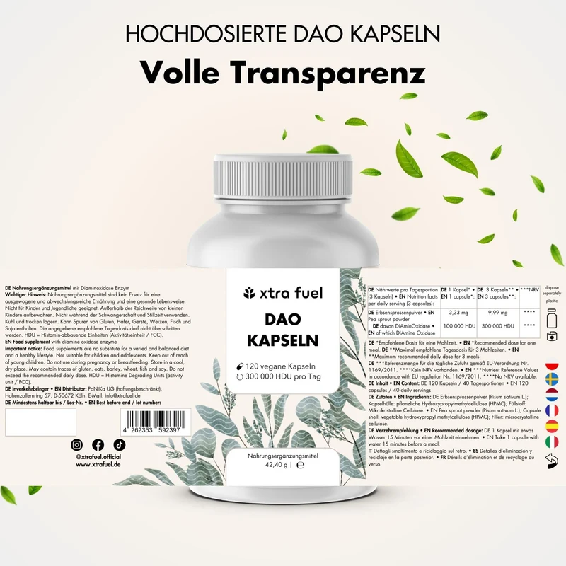 DAO Enzym Kapseln - Vegane Diaminoxidase aus Erbsensprossen - 300.000 HDU