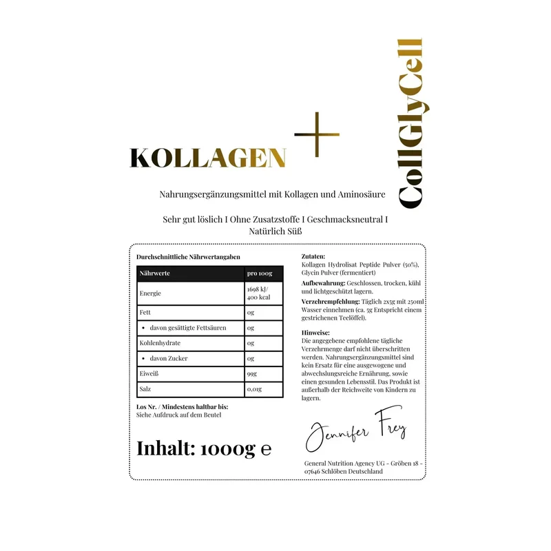 Jennifer Frey Kollagen + Glycin Pulver – Glycin Kollagen, Natürlich Süß, Ohne Zuckerzusatz
