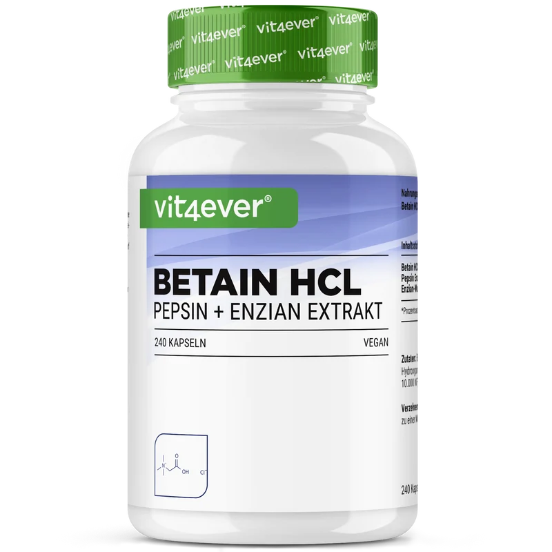 Betain HCL, 240 Kapseln á 695mg mit Pepsin + Enzian Extrakt