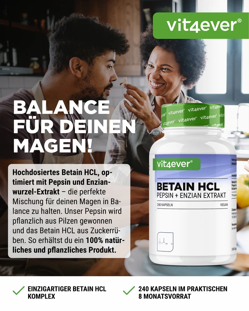 Betain HCL, 240 Kapseln á 695mg mit Pepsin + Enzian Extrakt