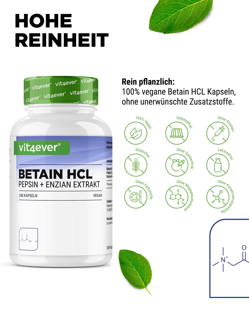 Betain HCL, 240 Kapseln á 695mg mit Pepsin + Enzian Extrakt