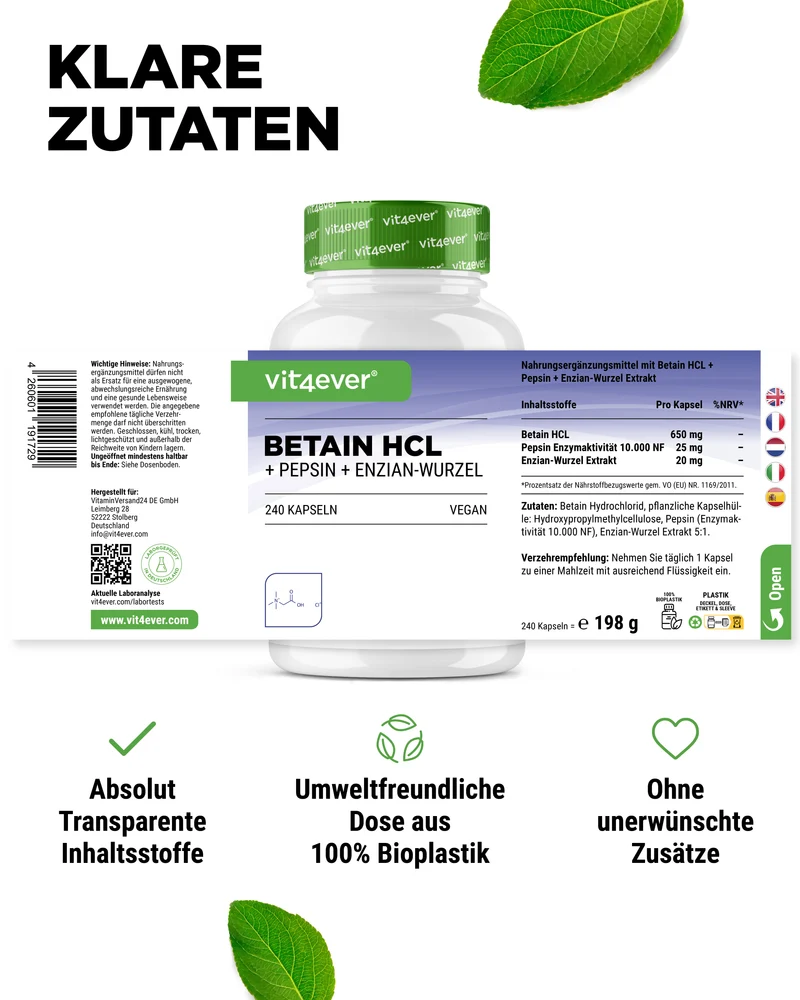 Betain HCL, 240 Kapseln á 695mg mit Pepsin + Enzian Extrakt