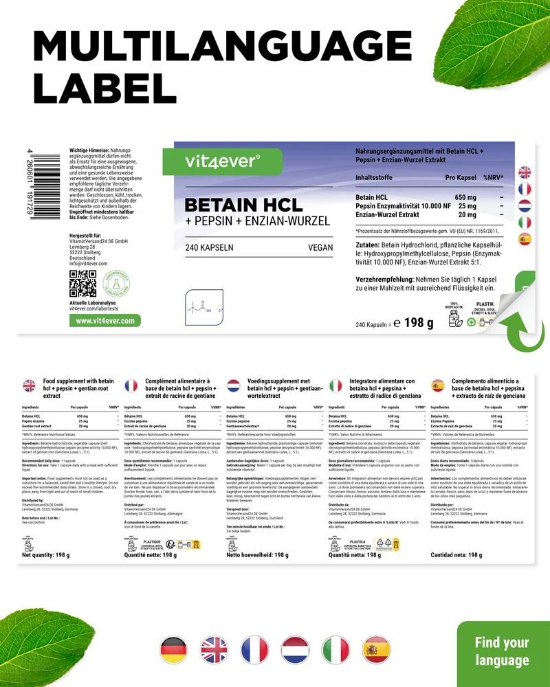 Betain HCL, 240 Kapseln á 695mg mit Pepsin + Enzian Extrakt