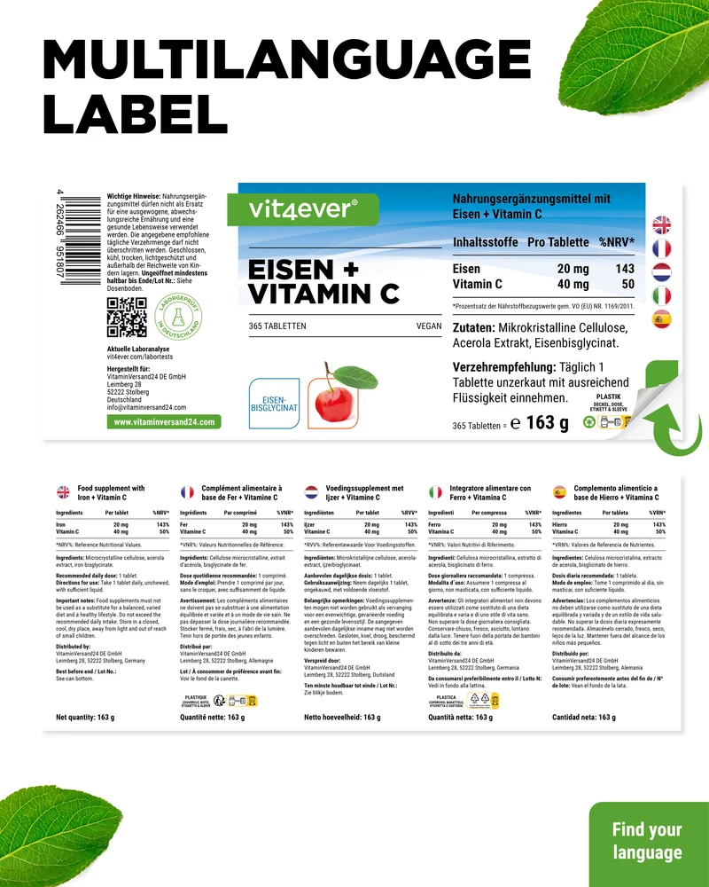 Eisen + Vitamin C - Eisenbisglycinat- 365 Tabletten