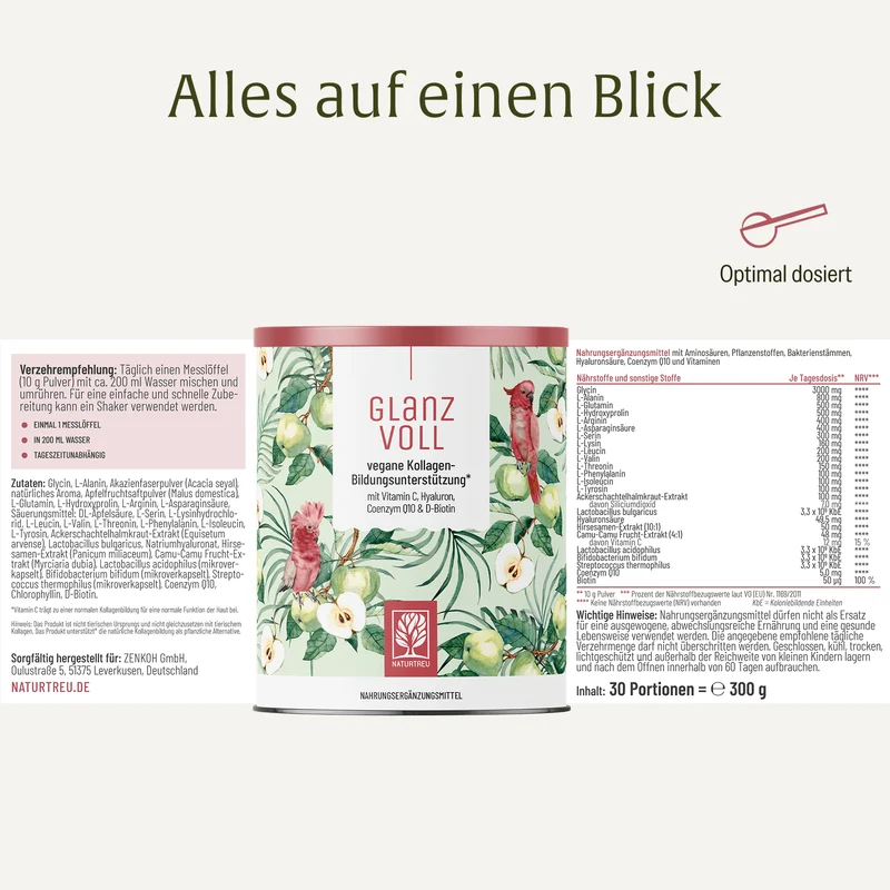 Glanzvoll: Vegane Kollagen-Bildungsunterstützung* mit Vitamin C, Hyaluron, Q10 & D-Biotin