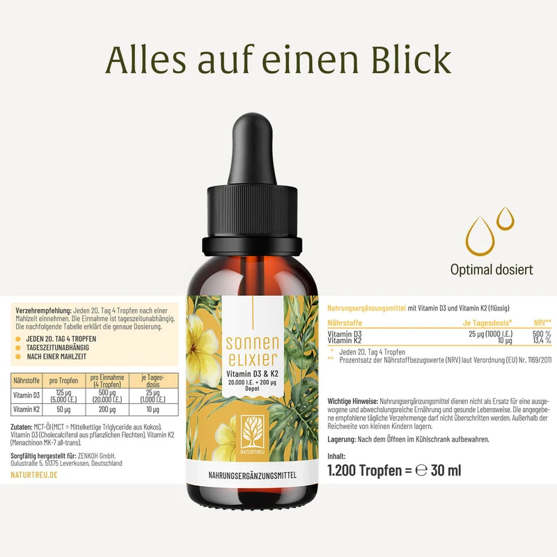Vitamin D3 & K2 Tropfen Depot für Erwachsene (20.000 I.E.) - Sonnenelixier