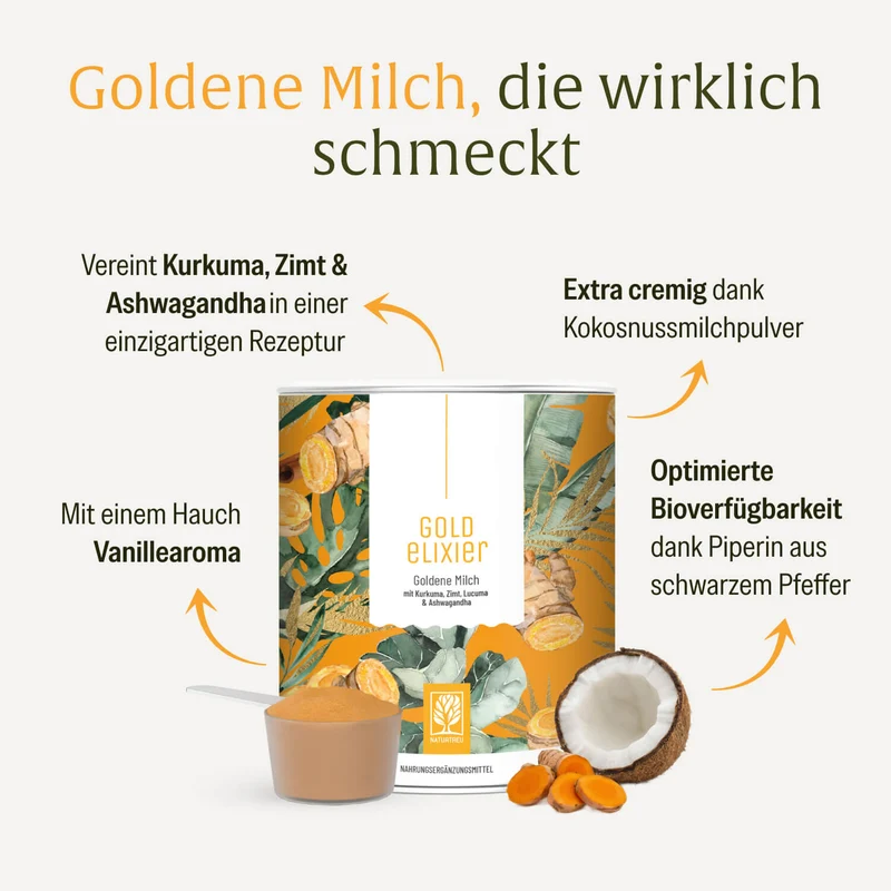 Goldelixier: Goldene Milch mit Kurkuma, Zimt, Lucuma & Ashwagandha