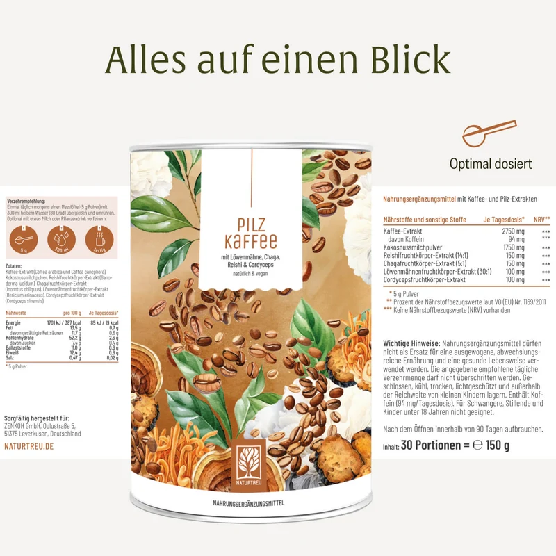Pilzkaffee: Löwenmähne, Chaga, Reishi & Cordyceps