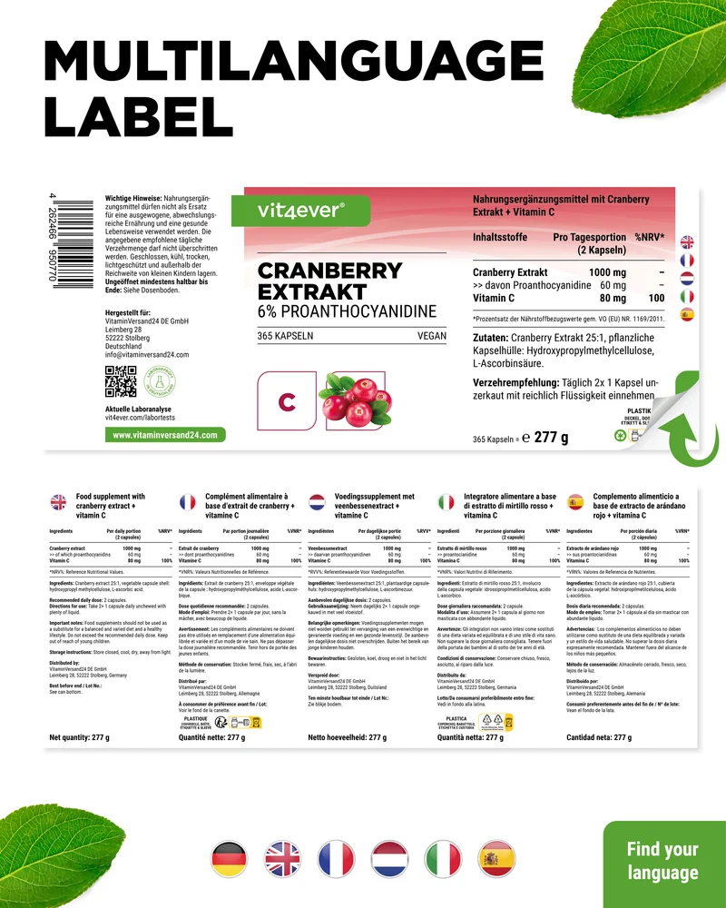 Cranberry mit Vitamin C - 365 Kapseln