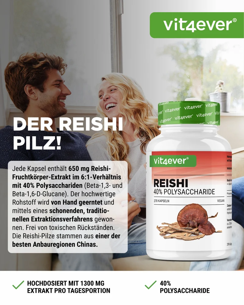 Reishi Intenso Pilz - 650 mg Extrakt - 40% bioaktive Polysaccharide