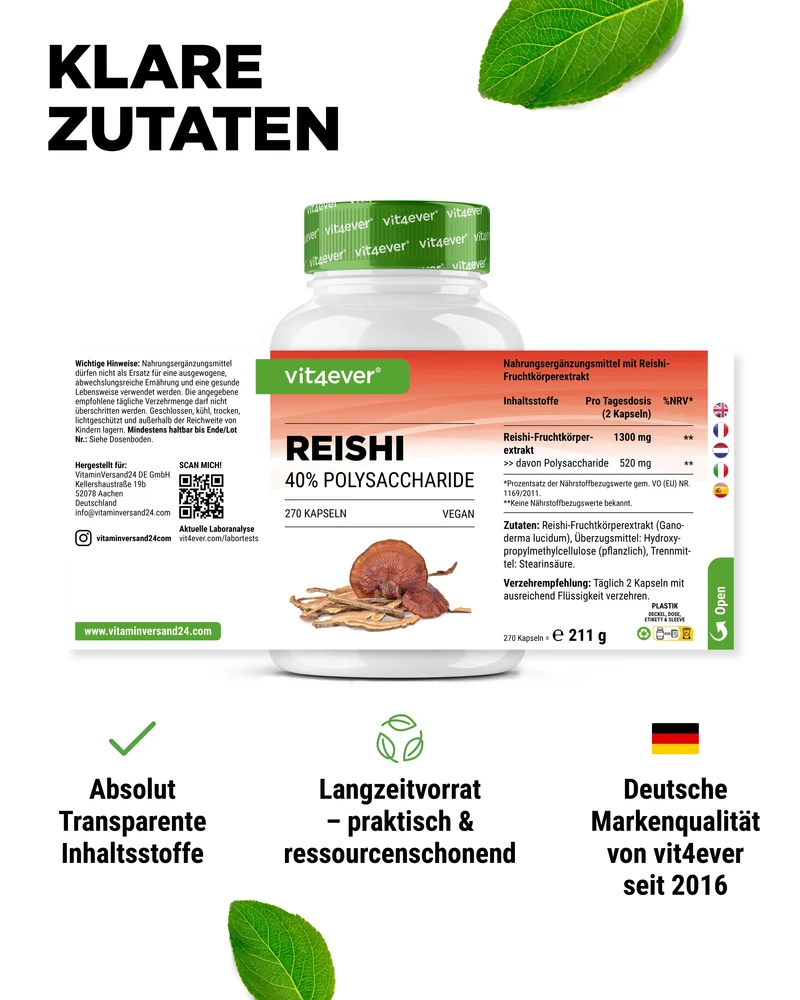 Reishi Intenso Pilz - 650 mg Extrakt - 40% bioaktive Polysaccharide