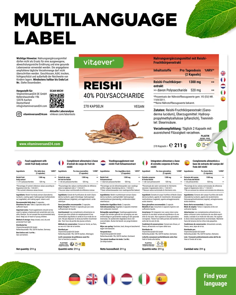 Reishi Intenso Pilz - 650 mg Extrakt - 40% bioaktive Polysaccharide