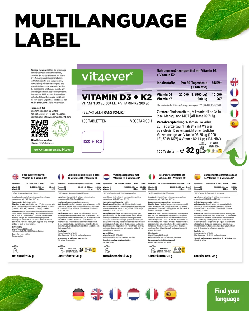 Vitamin D3 20.000 I.E. + Vitamin K2 200 mcg