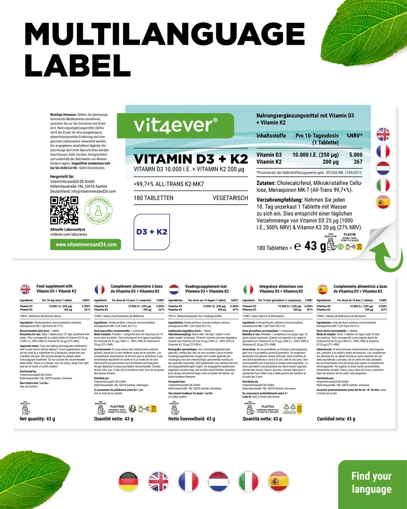 Vitamin D3 10.000 I.E. + Vitamin K2 200 mcg