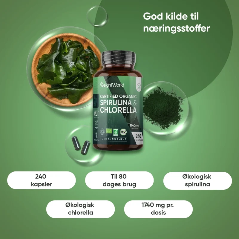 Øko spirulina og chlorella 1740 mg