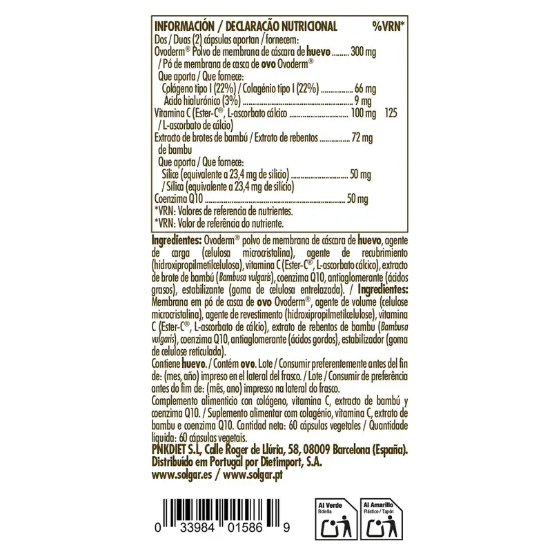 Solgar Colágeno Vegetariano Ovoderm, 60 Cápsulas Vegetales