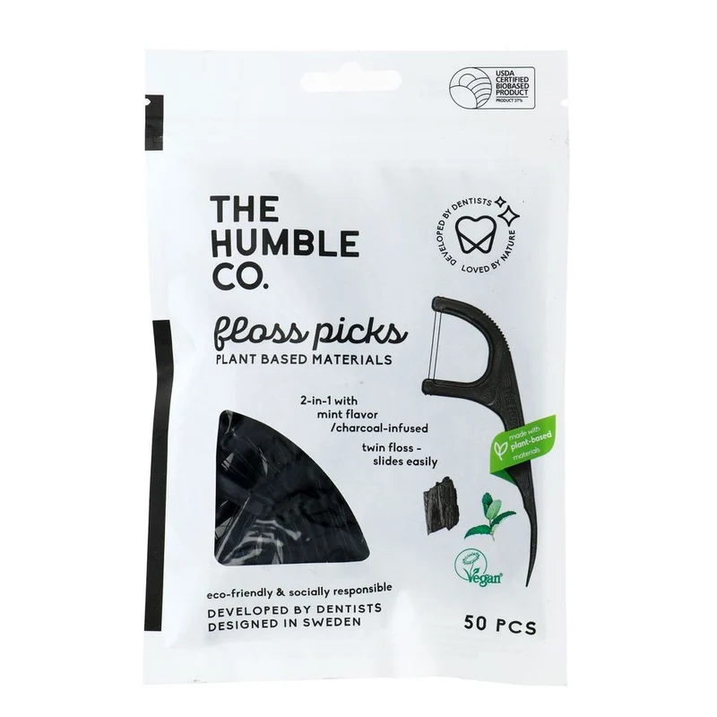 Humble Brush Floss Pick 2-in-1 Charcoal Infused Corn Starch