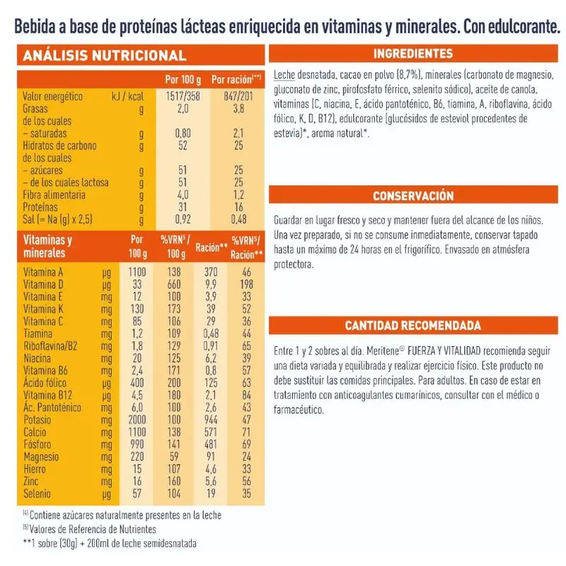 Meritene Fuerza Y Vitalidad Batido Sabor Chocolate 3x15 Sobres, 30 gr