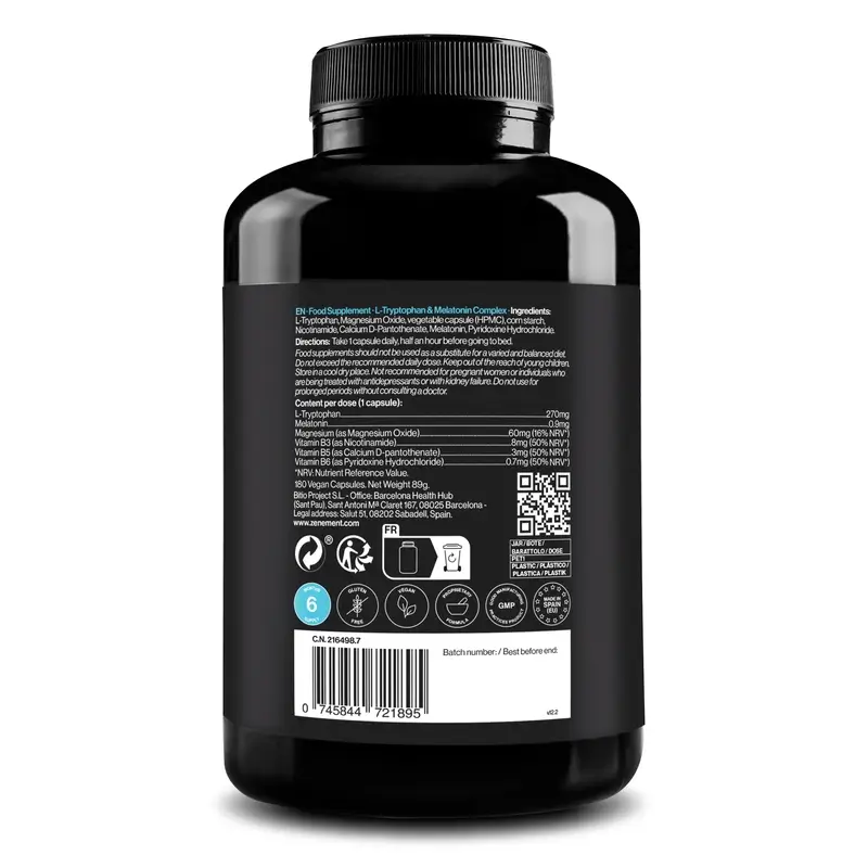 Zenement L-Triptófano Y Melatonina Complex, 180 cápsulas veganas
