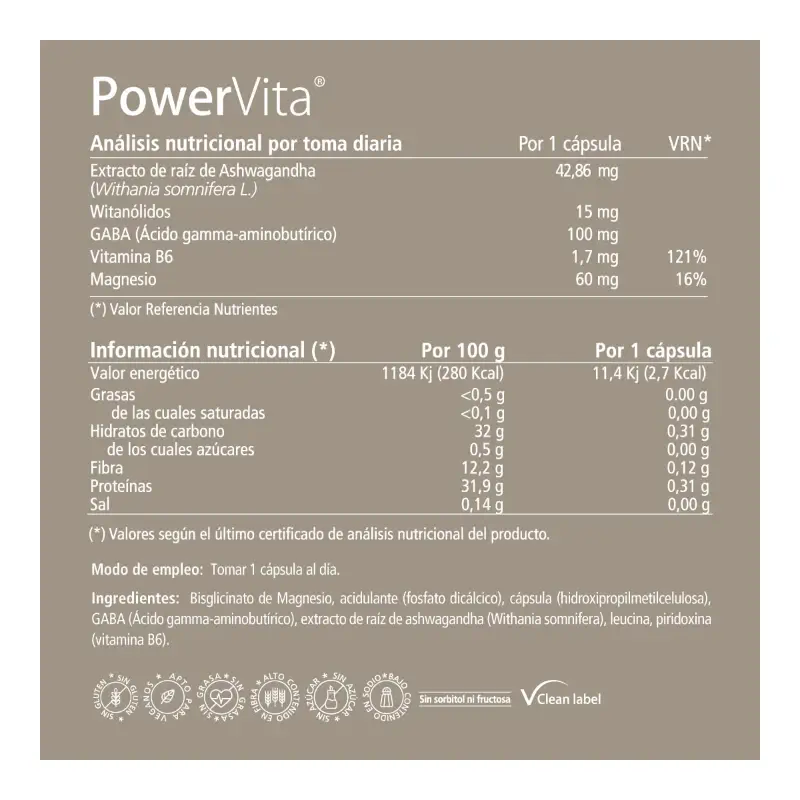 PowerVita 60 cápsulas - Con Ashwagandha, magnesio y GABA