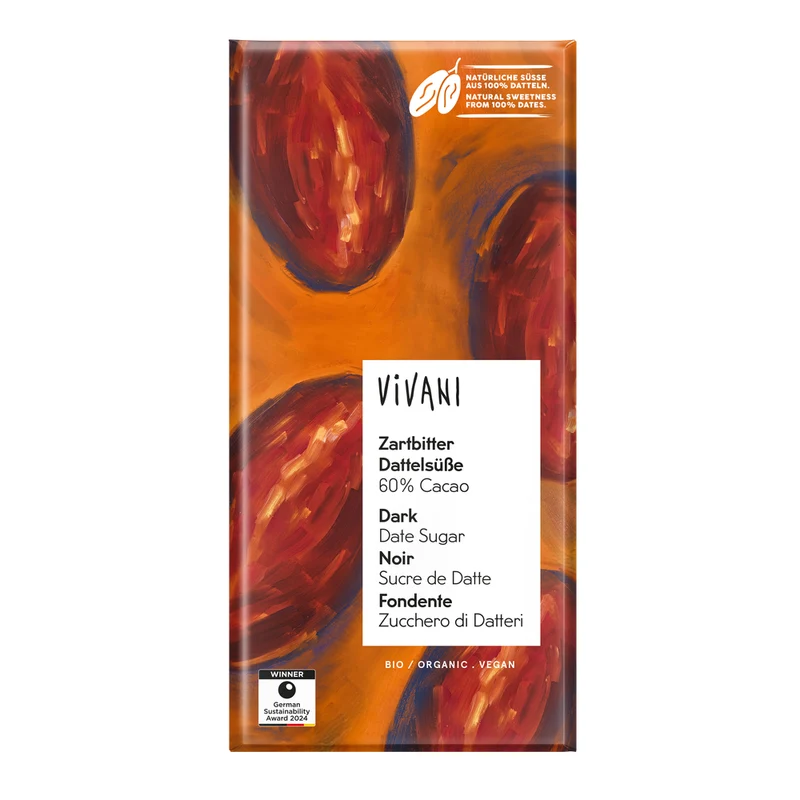 Vivani Chocolade puur 60% dadel gezoet bio 80 gram