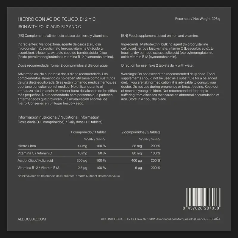 Aldous Bio Hierro Vitamina C, B12 Y Ácido Fólico , 200 capsulas