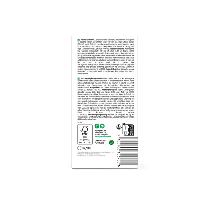 Purasana Matcha 280 mg biologisch 100 vcaps