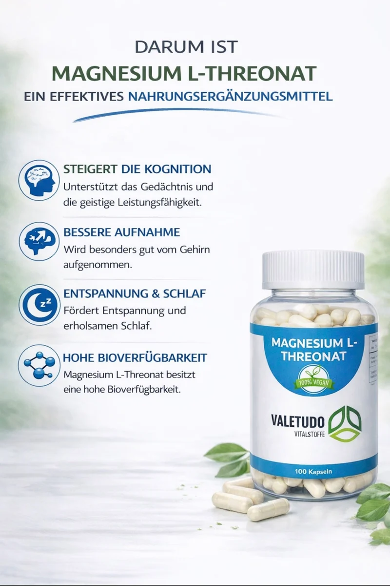 Magnesium L-Threonat- für Konzentration & Nervenfunktion | 1-Monats-Packung