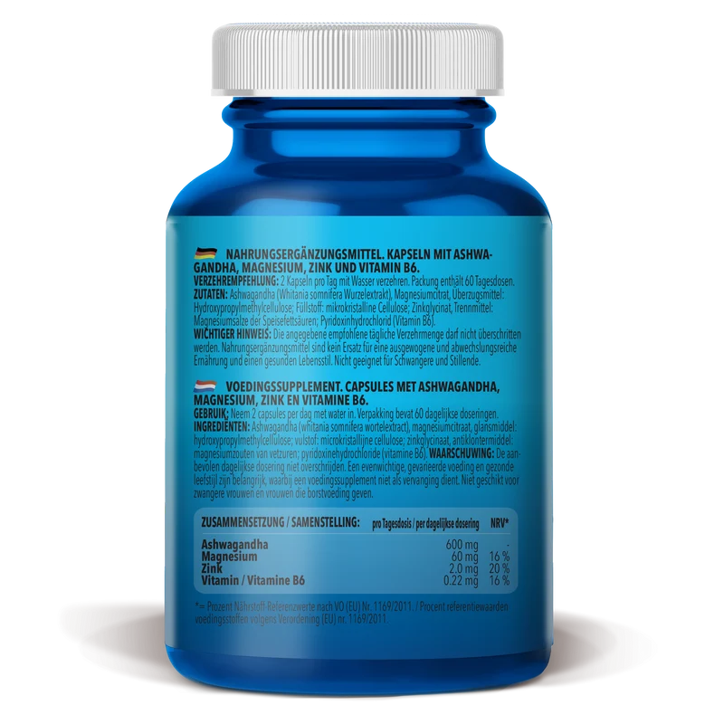 Ashwagandha + Magnesium - Zinc - Vitamin B6 (120 capsules)