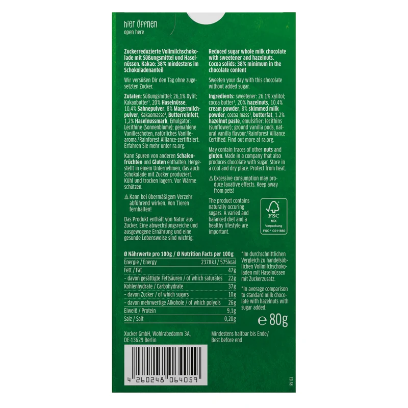 Xylit-Chocolate Milkchocolate with hazelnut (80g)