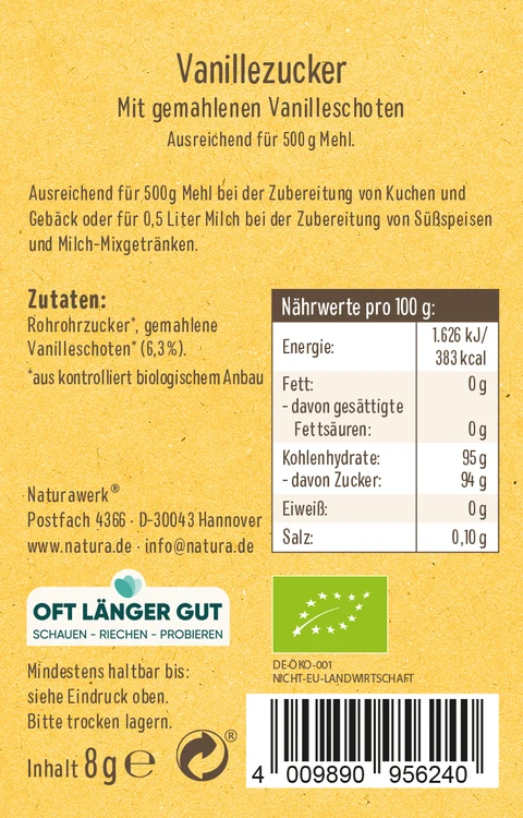 Natura - Vanille-Zucker mit Rohzucker 5er-Pack bio, 40g
